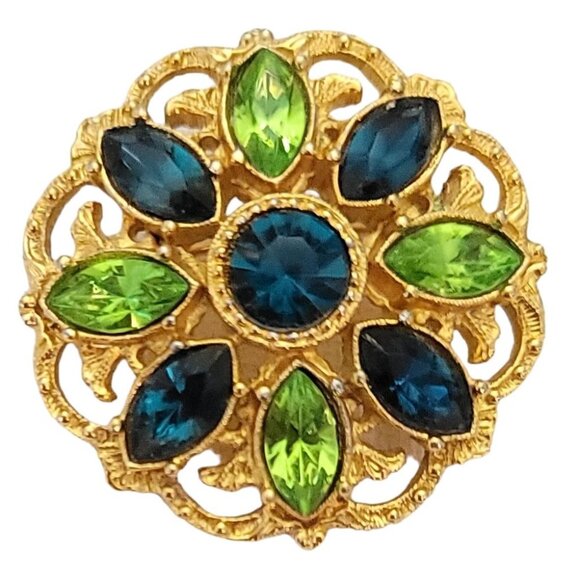 1928 Brand Green, Blue Resin Rhinestone Gold Tone Round Filigree Brooch L24 - Picture 9 of 9